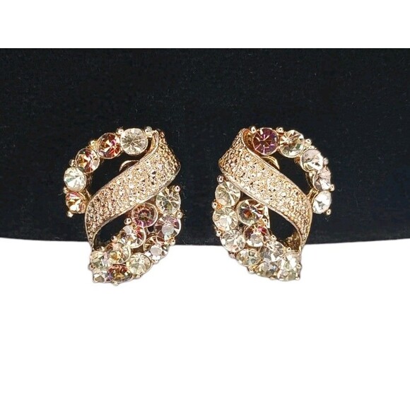 Jewelry - Vintage 50s Signed CORO Pegasus Gold Tone Rhinestone Clip-On Earrings Retro Glam